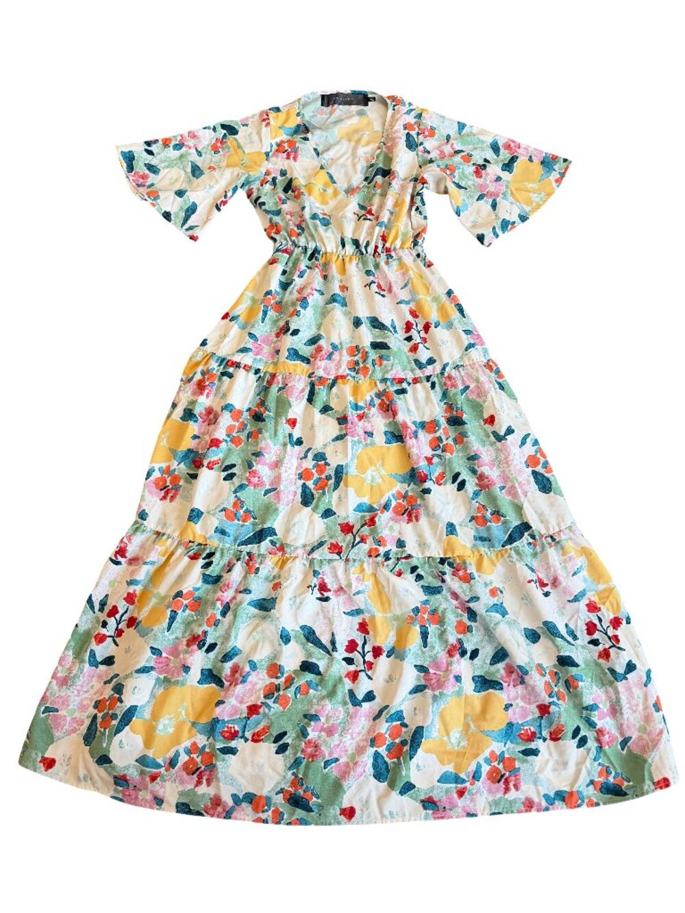 Code X Mode Ivory Floral Tiered Maxi Dress Bell Sleeve V Neck Boho Small Women's